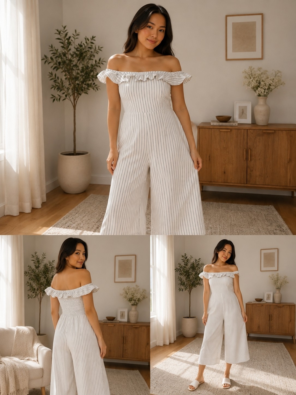 English Factory Off-Shoulder Pinstripe Wide-Leg Jumpsuit in White and Gray M